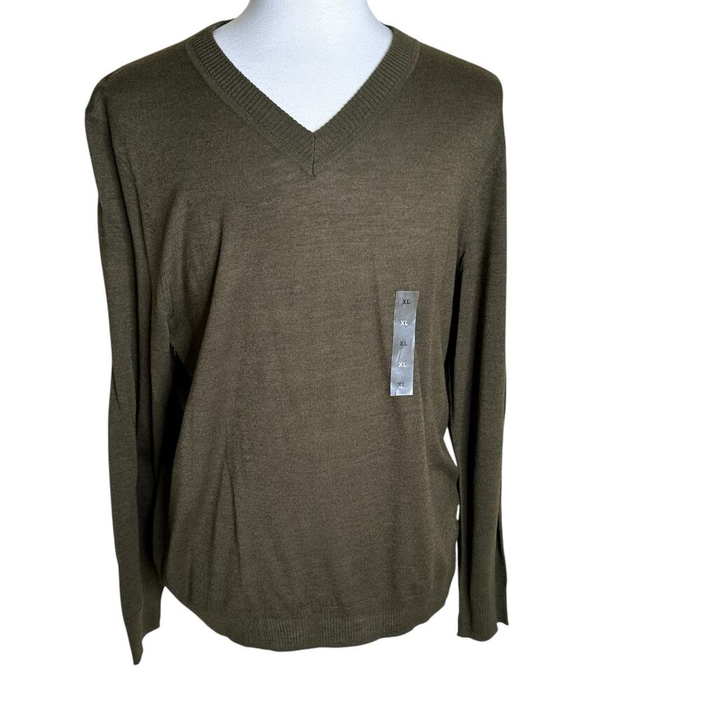 Alfani Merino Men Foliage Green Lightweight Wool Blend V-Neck Sweater XL NWT